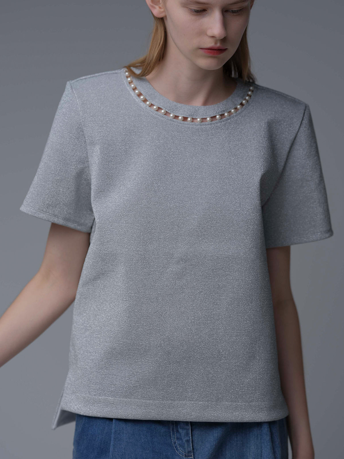 Neckline pearl motif cut and sew