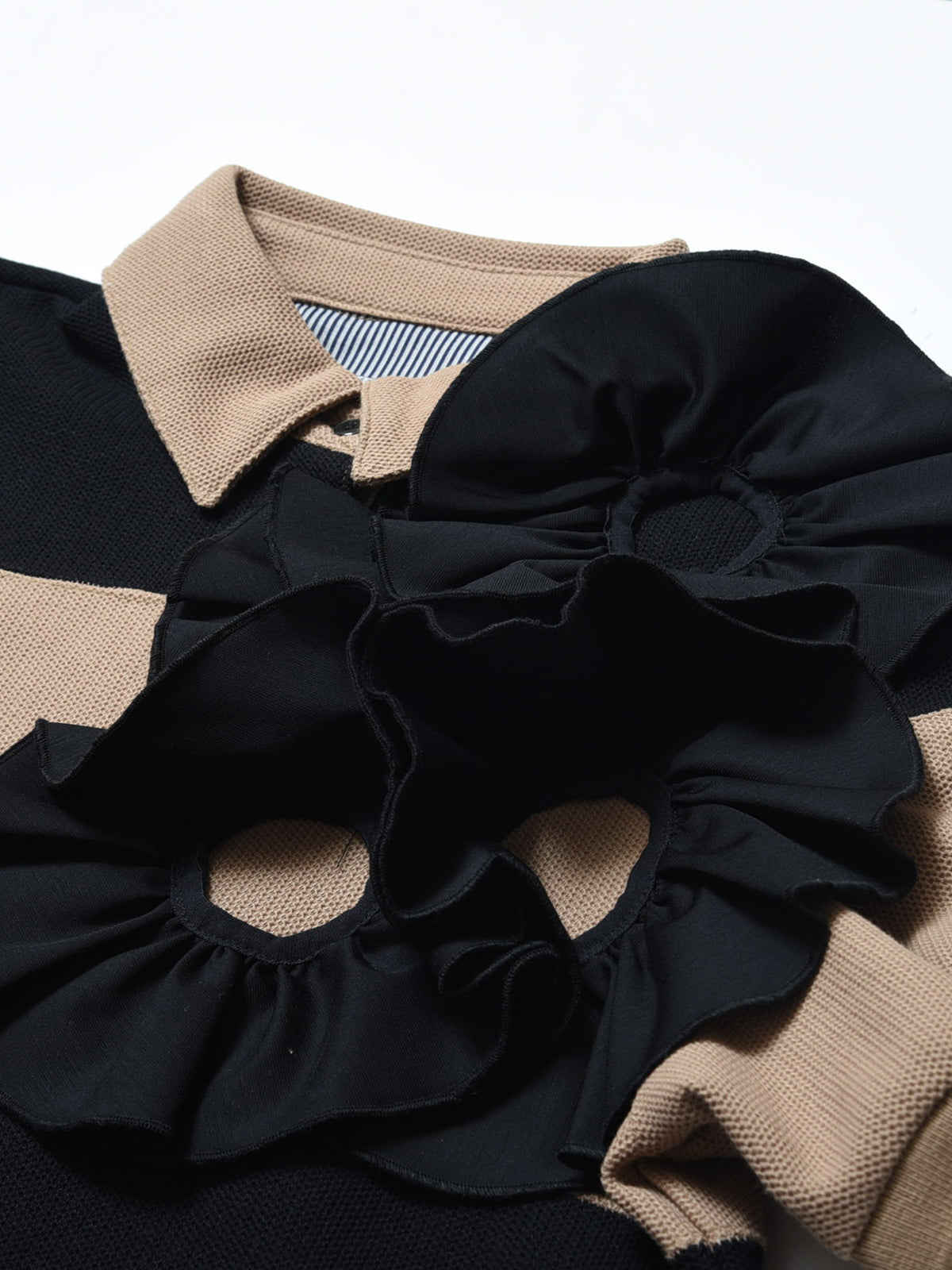 フラワーコサージュ ボーダーポロシャツ