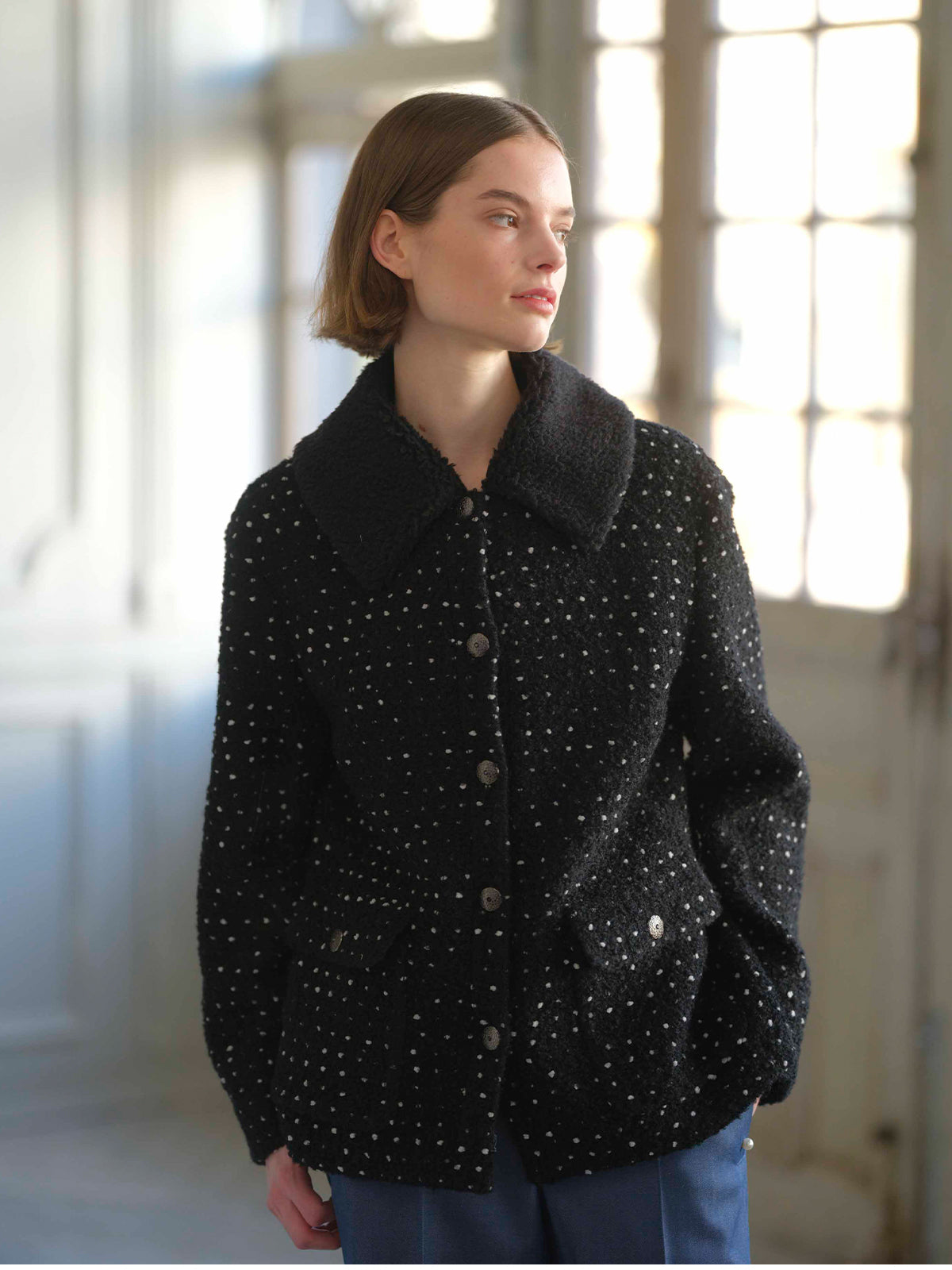 ファー襟付きツイードジャケット